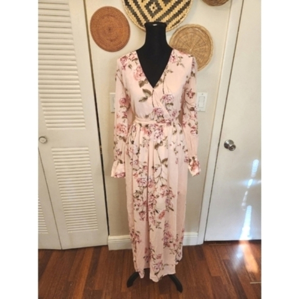 LAST ONE! Pink Floral V Neck Maxi Dress With Long Sleeves